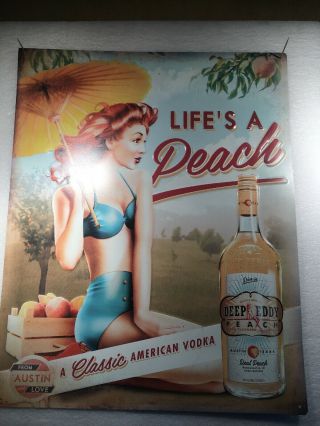 Deep Eddy Life’s A Peach Vodka Tin Metal Tacker Sign 16x20 Bikini Babe