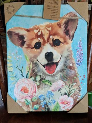 Corgi Dog Puppy Solid Wood Frame Hand Embellished Canvas Art Picture Painting