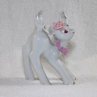 Vintage Christmas Japan White Deer Figurine With Pink Bow Rose 1950s