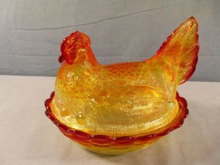 Large Amberina Yellow Orange Glass Hen On The Nest Covered Candy Dish