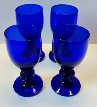4 Vintage Blown Bristol Blue Glass Sherry Glasses.  Shot Glasses.  Liqueur.
