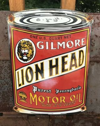 Vintage Lion Head Porcelain Can Sign Gas Station Pump Plate Motor Oil