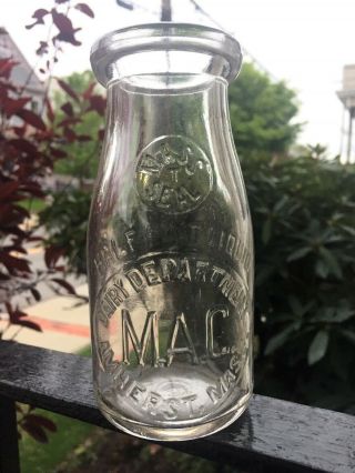 Dairy Department Mac Amherst Ma Embossed 1/2 Pint College Milk Bottle