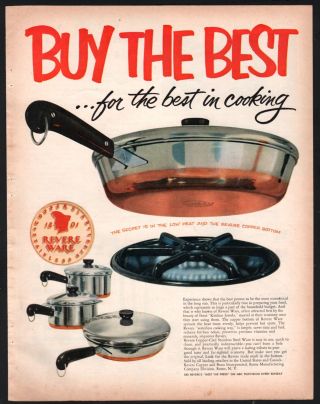 1952 Revere Cookware Print Ad Vintage Pots Pan Kitchen Decor Cooking Advertising