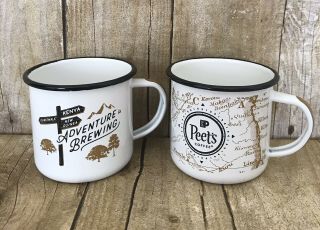 Peet’ts Coffee Enamel Cup Tin Metal Mug Set Of 2 Camping Mug
