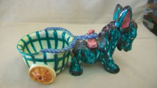 Multi Colored Ceramic Donkey Or Burro With Cart To Hold Flowers Or Candy