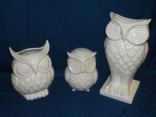 3 Decorative White Ceramic Owl Vases.
