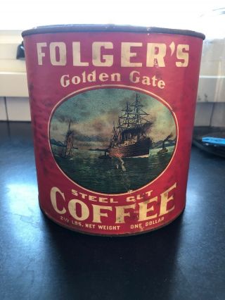 Vintage Folgers Golden Gate Steel Cut Coffee Can Rusty Lid