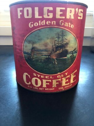 Vintage Folgers Golden Gate Steel Cut Coffee Can Rusty Lid 7