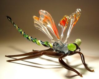 Blown Glass " Murano " Figurine Gorgeous Red & Clear Dragonfly With Green Eyes