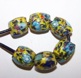 Antique Venetian Trade Beads - Lt.  Blue / Yellow Mixed Millefiori Ovals