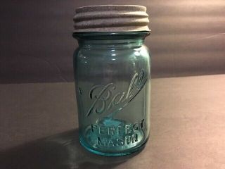 Vintage 1910 1923 Ball Perfect Mason Blue Pint Canning Jar & Zinc Lid 9