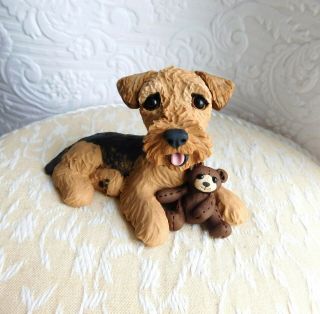 Airedalr Terrier With Teddy Bear Clay Sculpture By Raquel At Thewrc
