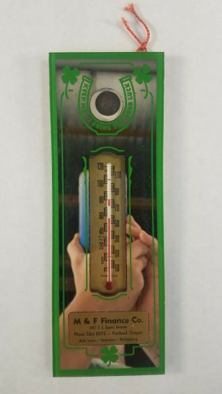Vintage Thermometer Advertising Mirror Lucky Penny M&f Finance Co.  Portland Or.