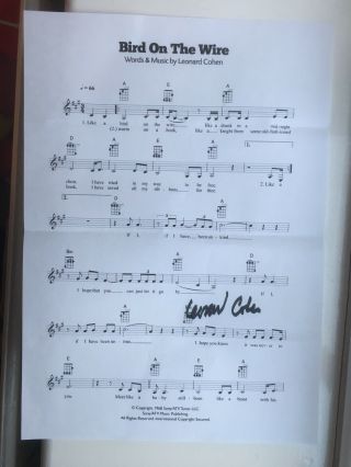 Leonard Cohen Hand Signed Autograph Signed Music Sheet Bird On The Wire