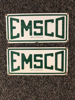 Vintage Pair Continental Emsco Company Porcelain Sign Oil Well Signs Gas Oil