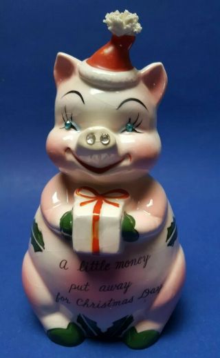 Vintage 1950s Kreiss Christmas Piggy Bank Rhinestone Eyes & Nostrils