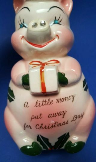 Vintage 1950s Kreiss Christmas Piggy Bank Rhinestone Eyes & Nostrils 2