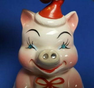 Vintage 1950s Kreiss Christmas Piggy Bank Rhinestone Eyes & Nostrils 4
