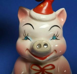 Vintage 1950s Kreiss Christmas Piggy Bank Rhinestone Eyes & Nostrils 5
