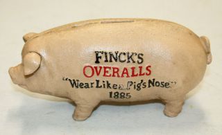 Heavy Cast Iron Fincks Overalls Pig Hog Piggy Bank Wear Like A Pigs Nose 1885