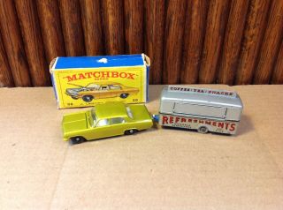 Vintage Lesney Matchbox 36 & 74 Opel Diplomat And Mobile Canteen Trailer