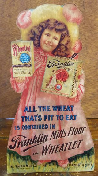 Franklin Mills Flour & Wheatlet Young Girl Pink Dress General Store Counter Sign