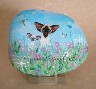 Siamese Cat Art Painting On Stone Pebble Rock Flowers Suzanne Le Good