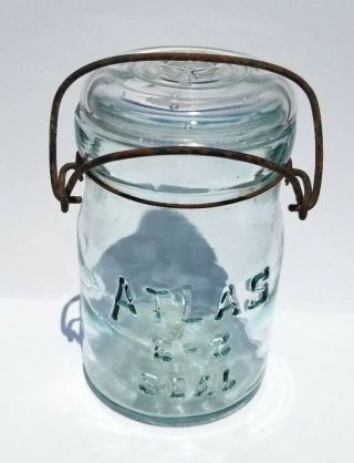 Antique Atlas E - Z Seal Aqua Glass Jar Pint Wire Bail Lid Blown Glass Very Rare