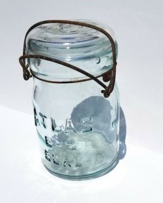 ANTIQUE ATLAS E - Z SEAL AQUA GLASS JAR PINT WIRE BAIL LID BLOWN GLASS VERY RARE 2
