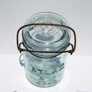 ANTIQUE ATLAS E - Z SEAL AQUA GLASS JAR PINT WIRE BAIL LID BLOWN GLASS VERY RARE 3