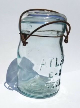 ANTIQUE ATLAS E - Z SEAL AQUA GLASS JAR PINT WIRE BAIL LID BLOWN GLASS VERY RARE 4