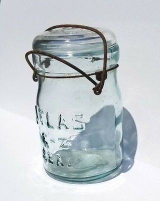 ANTIQUE ATLAS E - Z SEAL AQUA GLASS JAR PINT WIRE BAIL LID BLOWN GLASS VERY RARE 5