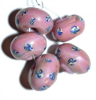 Antique Venetian Pink Lampwork Italian Glass Beads With Blue Eyes,  African Trade
