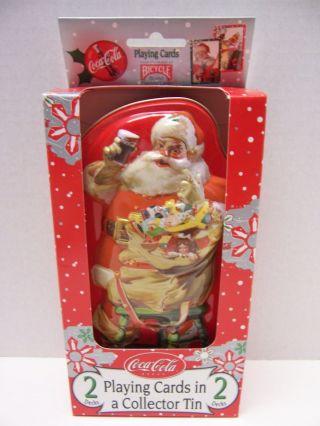 Coca - Cola Brand 2 Decks Of Playing Cards In A Collector Santa Tin