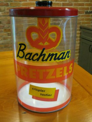 Vintage Bachman Pretzel Advertising Counter Top Display With Red Metal Lid