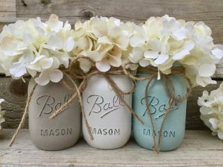 Reg Mouth Mason Glass Jars Set Of Three Handpainted Boho Decor Distressed Look