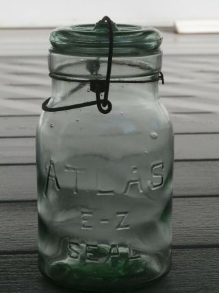 Antique Atlas E - Z Seal Trademark Apple Green Quart Size Fruit Jar W/ Glass Lid
