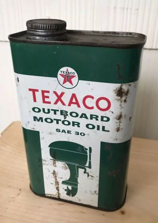 Vintage One Quart Texaco Outboard Motor Oil Sae 30 Can Garage Gas Station Pump