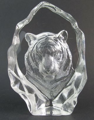 Tiger 3 - D Art Glass Crystal Block Sculpture - Clear - Boxed