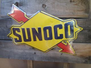Sunoco Large 18 By 13.  5 Gasoline Racing Motor Oil Raised Embossed Metal Sign Co