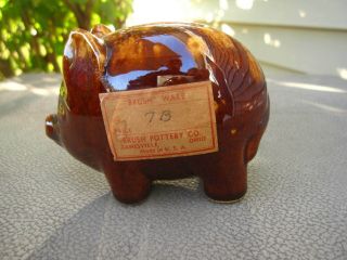 Vintage Stoneware Pottery Pig Bank - Brush Pottery Co Zanesville Ohio - W/ Label