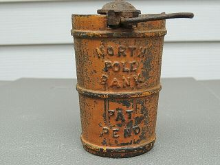 Antique Orig.  1875 Orange Paint Ice Cream Churn Cast Iron North Pole Coin Bank
