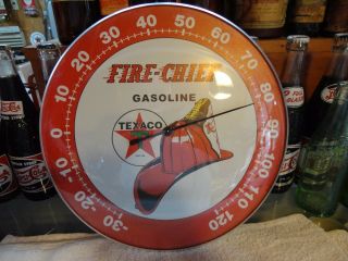 Texaco Oil Co Fire Chief Thermometer 12 " Round Licensed Glass Lens Aluminum Body