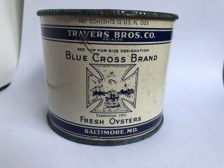 Vintage Blue Cross Brand Fresh Oyster Tin Can 12 Oz Travers Brothers Co.  MD 15 2