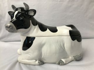 Otagiri Cow Cookie Jar Ceramic Holstein Black & White Sticker Vintage