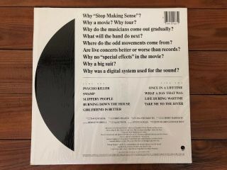Talking Heads ‎– Stop Making Sense 1984 Sire ‎– 9 25186 - 1 Jacket/Vinyl NM 3
