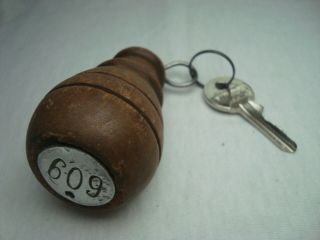 Greece Vintage Hotel Room Wooden Key Fob No.  609 With Key