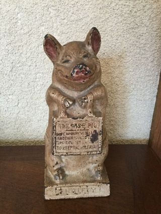 Great Old Cast Iron The Wise Pig Still Bank Paint -