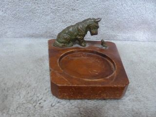 Antique Bronze Scottie Terrier Dog Staring At Frog Whimsical Ashtray Change